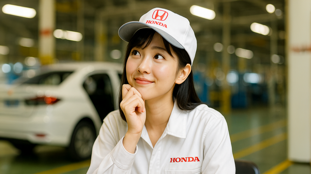 楽しい考えごとをしているホンダ期間工の女性