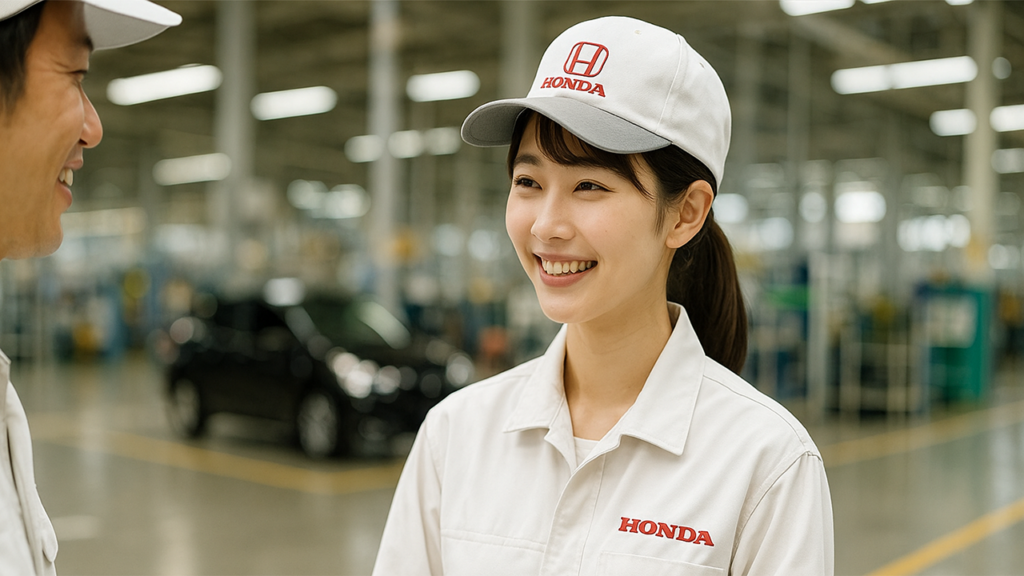 上司と話しているホンダ期間工の女性