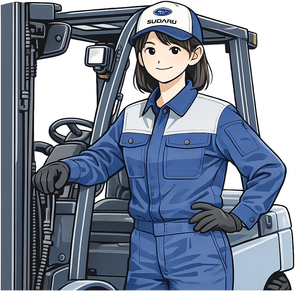 フォークリフトの横に立つ女性
