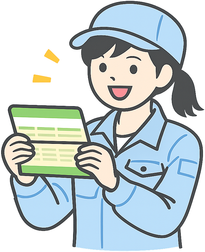 預金通帳を見て喜んでいる工場勤務の女性