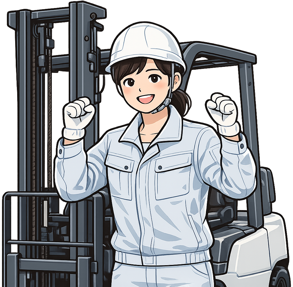 フォークリフトの前でガッツポーズしている人