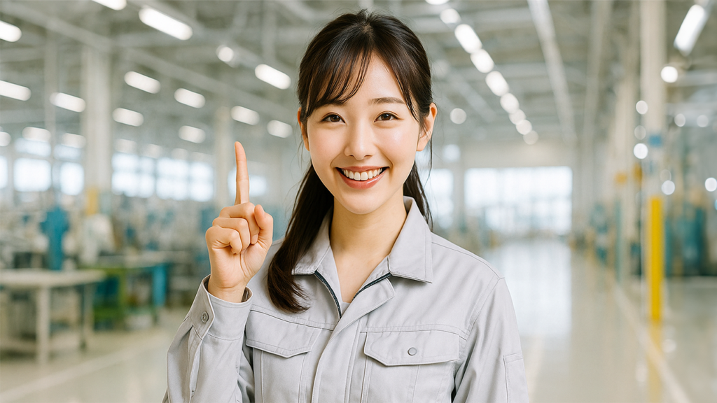 メリットを伝えている工場勤務の女性