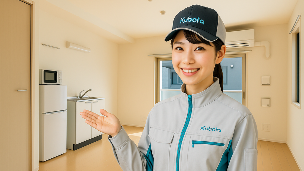寮の部屋を案内しているクボタ期間工の女性