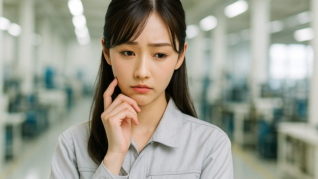 考えごとをしている工場勤務の女性
