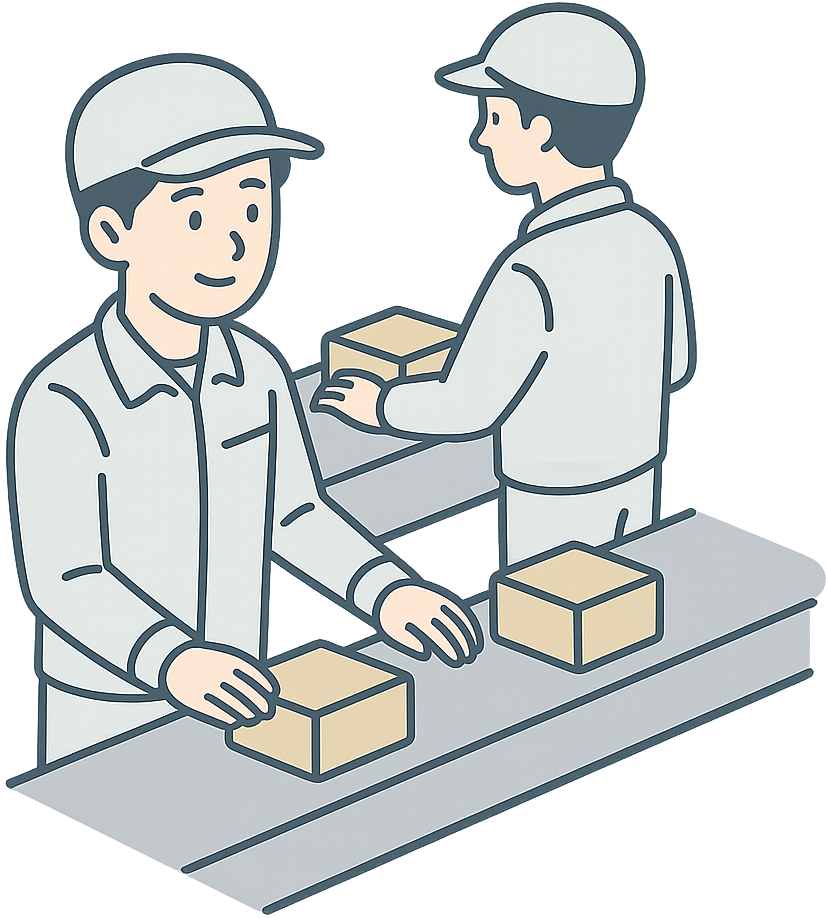先輩を見習っている作業員