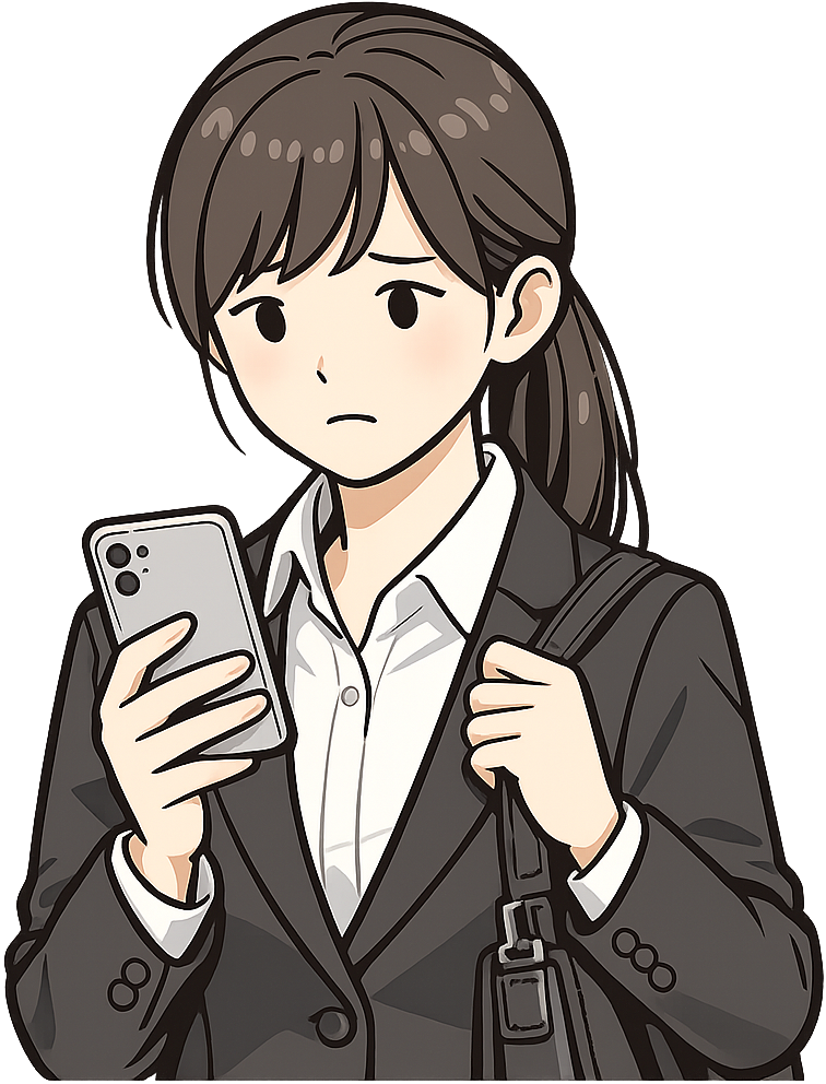 不安そうにスマホを見ているスーツの女性