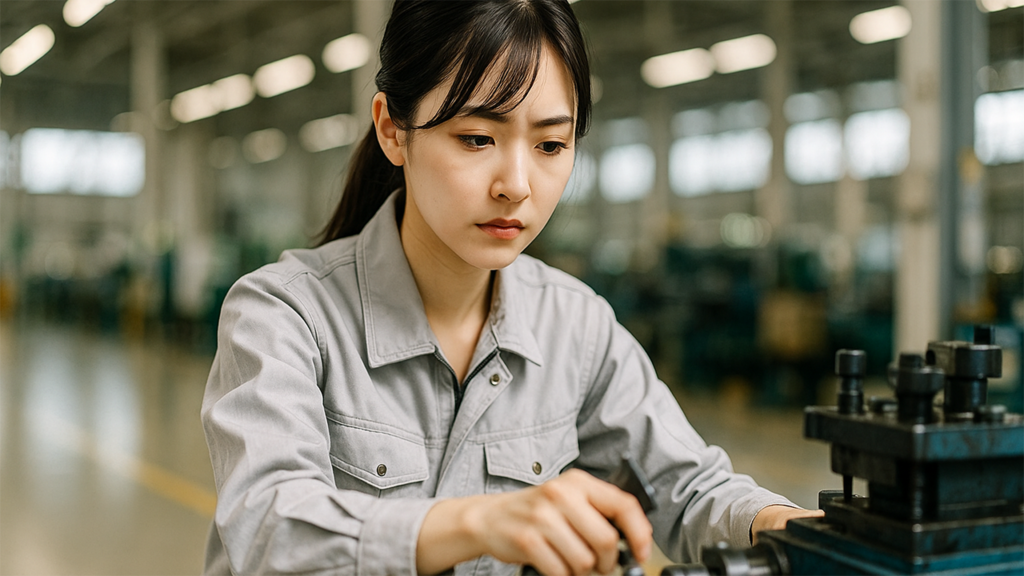 不安そうに働いている期間工の女性