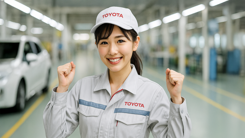 ガッツポーズしている期間工の女性