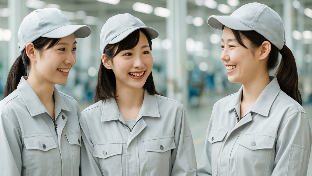 談笑している工場勤務の女性