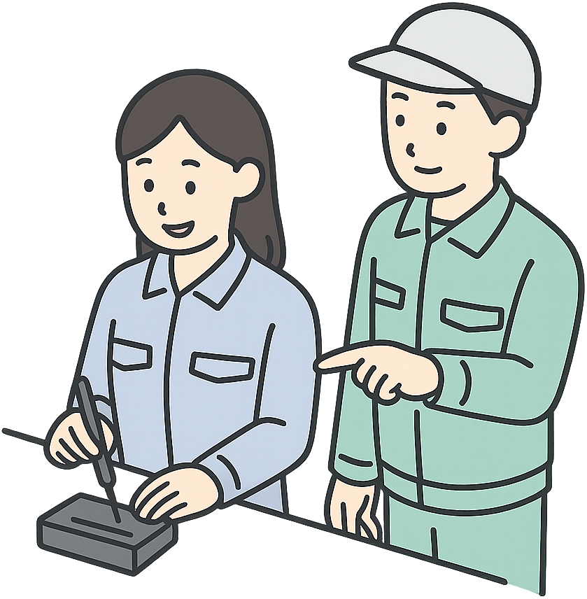 先輩に教えられながら仕事をしている工場勤務の女性