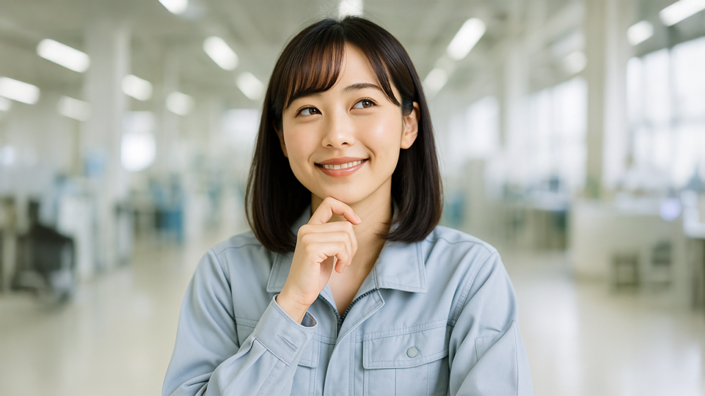 考えごとをしている工場期間工の女性