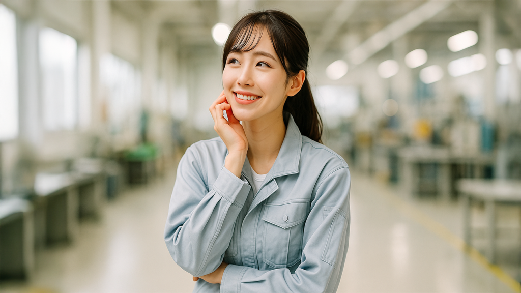 明るい考えごとをしている工場勤務の女性