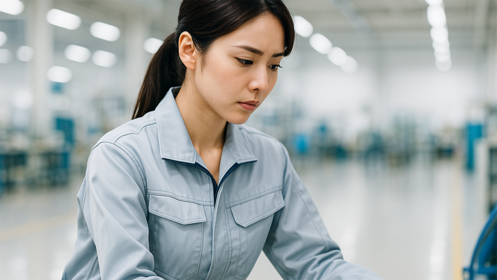 深刻な表情で働いている工場勤務の女性