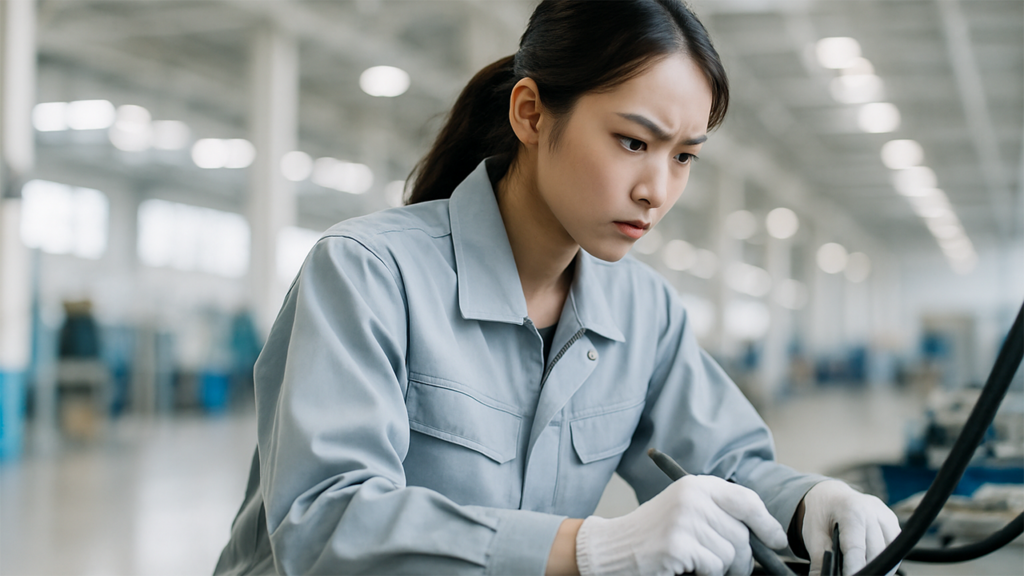 忙しい職場で働いている工場勤務の女性
