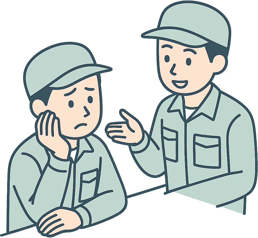 悩みを先輩に相談している期間工の男性