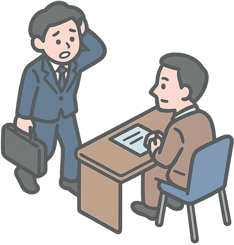 採用面接であわてているスーツの男性