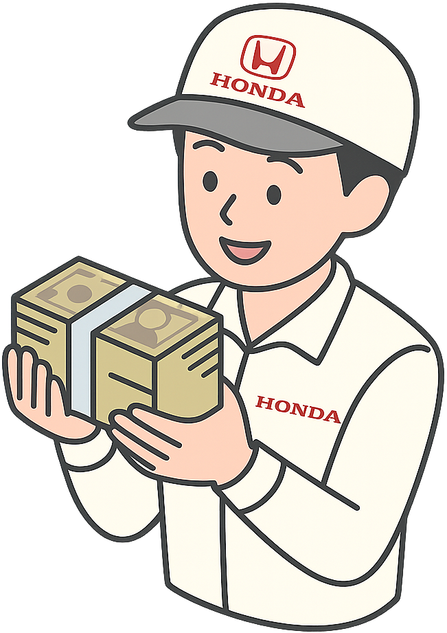 大金を手にして喜んでいるホンダ期間工