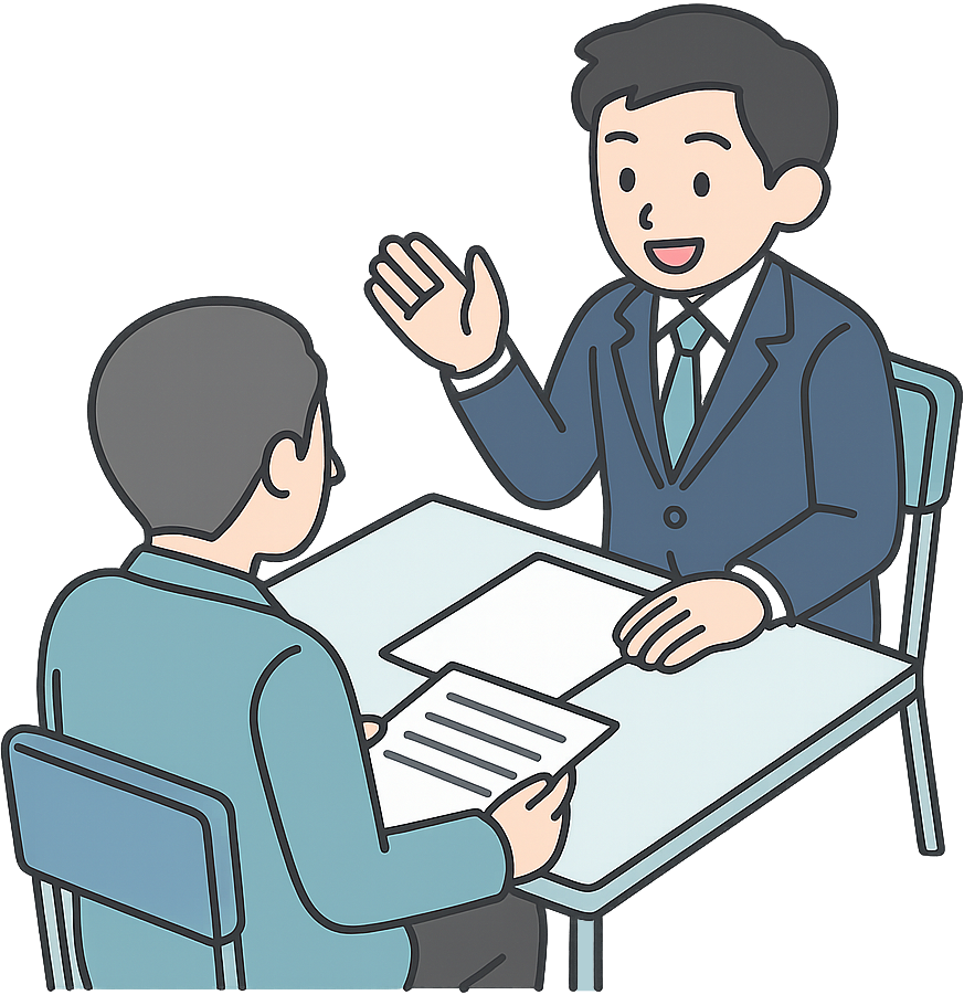 採用面接で元気に受け答えしているスーツの男性と面接官