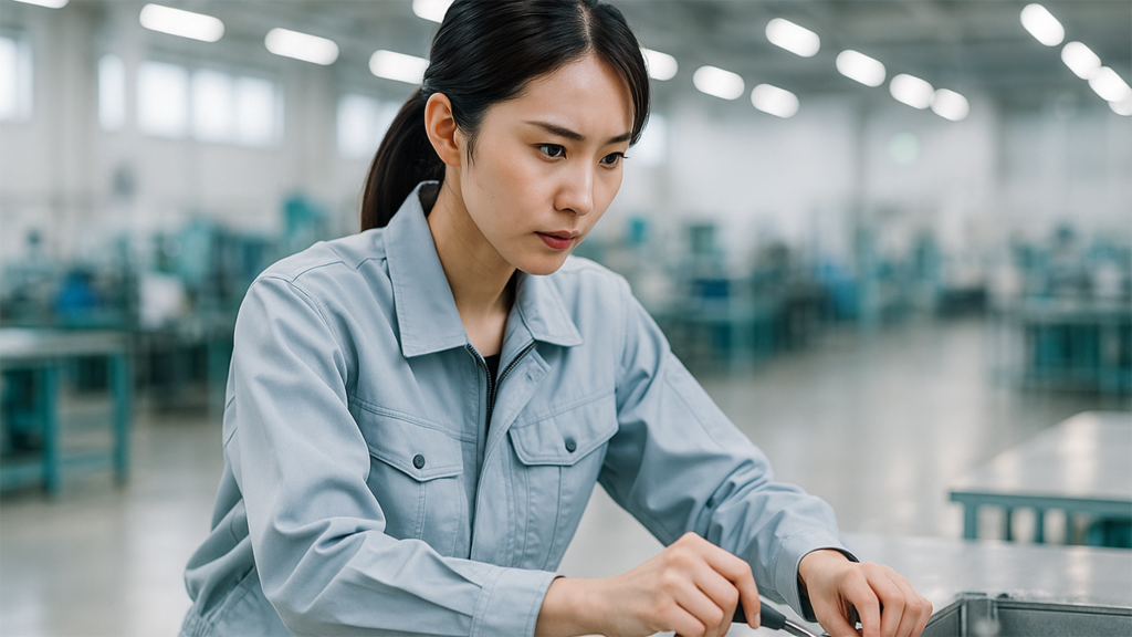 険しい表情の期間工の女性