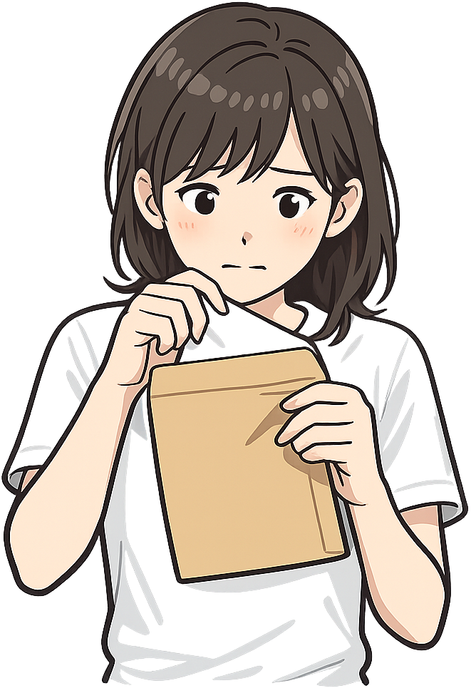 緊張して封筒を開封している女性