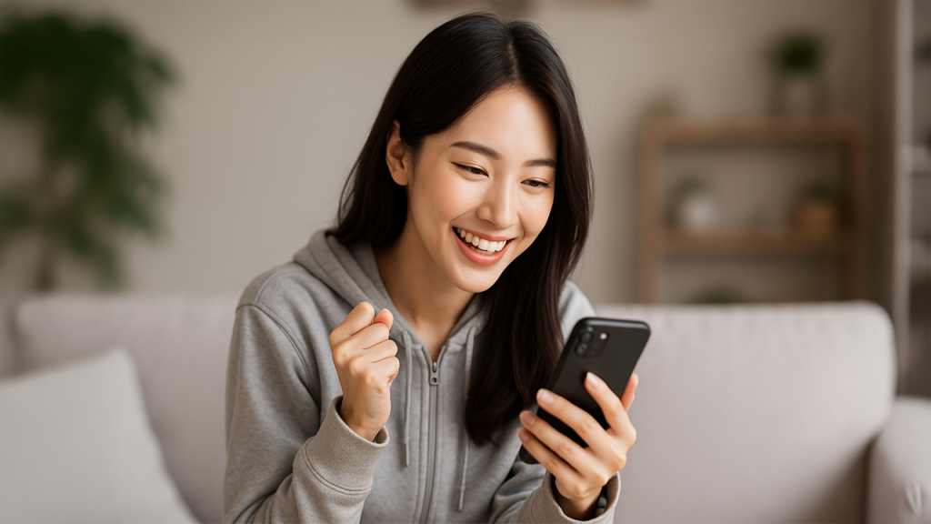 スマホを見て喜んでいる女性