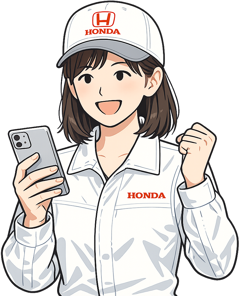 スマホを見てガッツポーズしている期間工