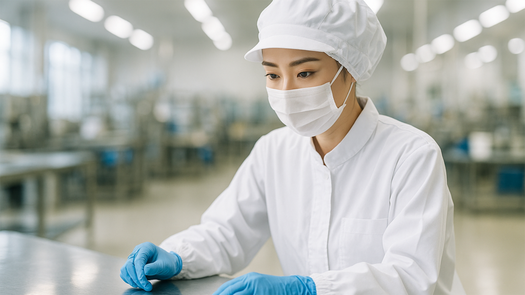 食品工場で働いている女性