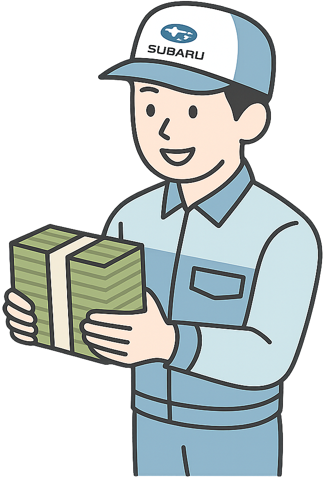 大金を手にしてうれしそうなスバル期間工
