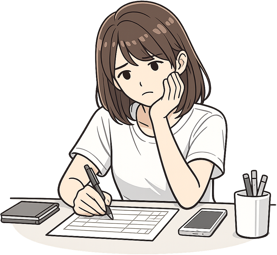 悩みながら書類に記入している人