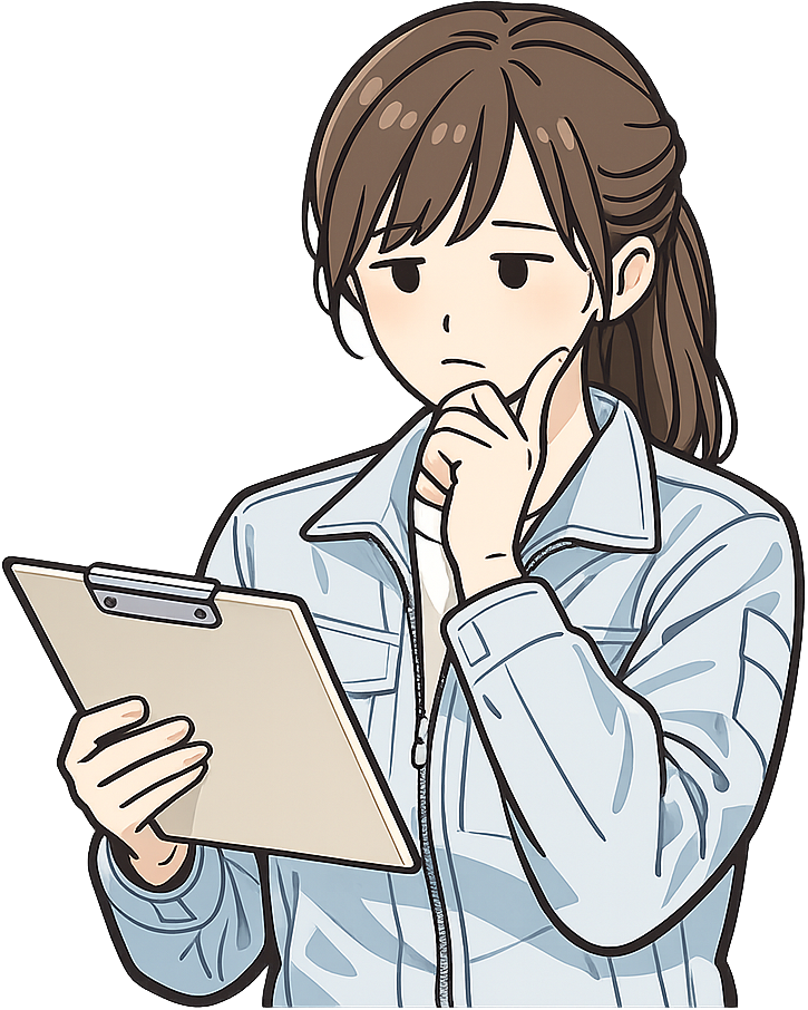 書類を見て考えごとをしている人