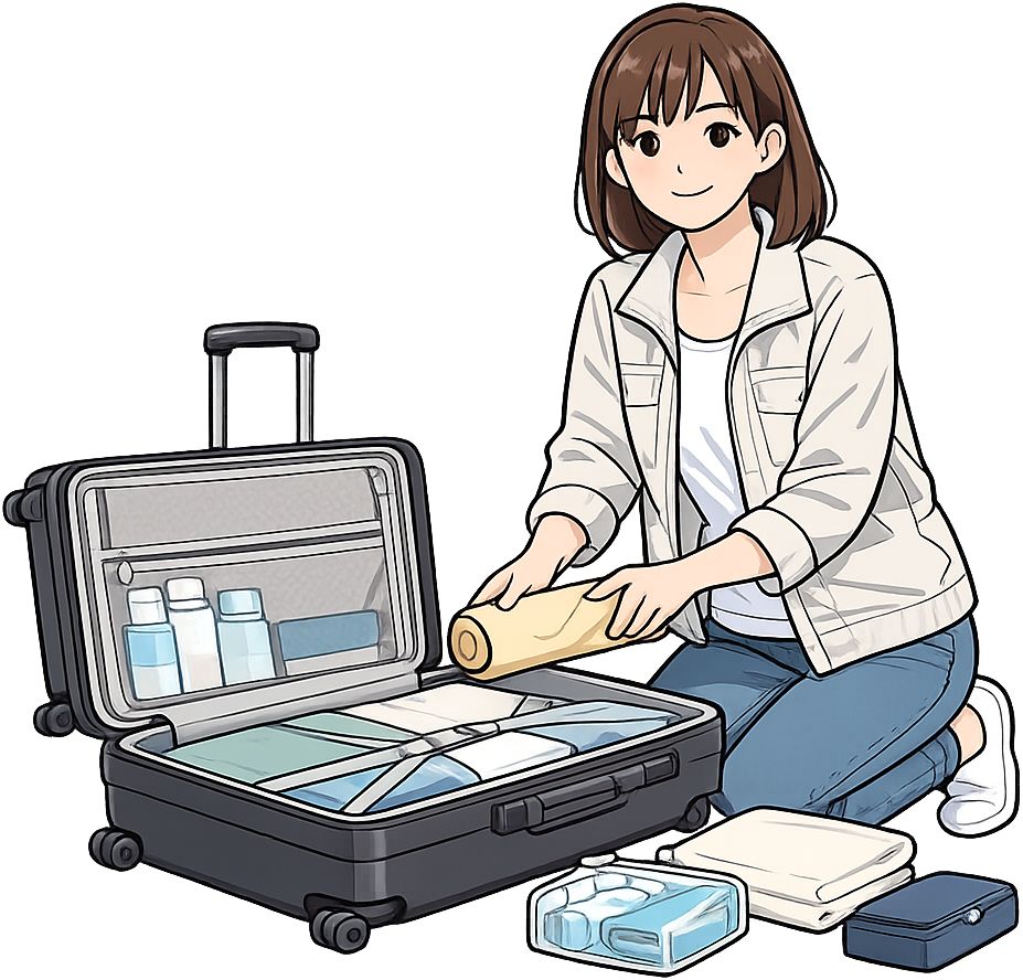 スーツケースに荷物を詰めて準備している人