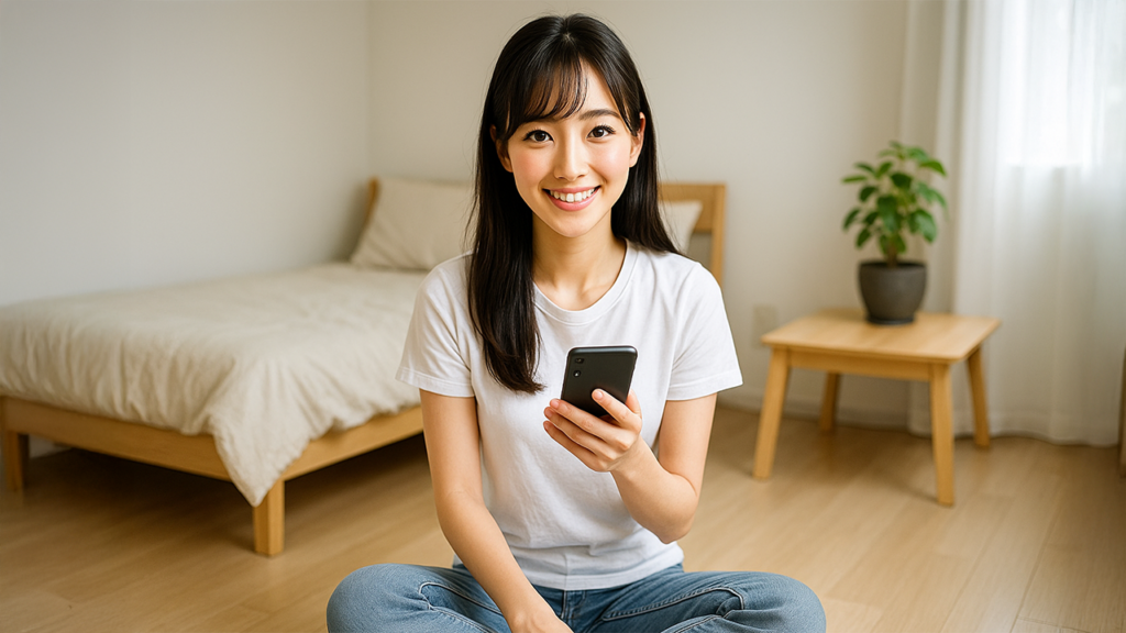 自室でスマホを使用している女性