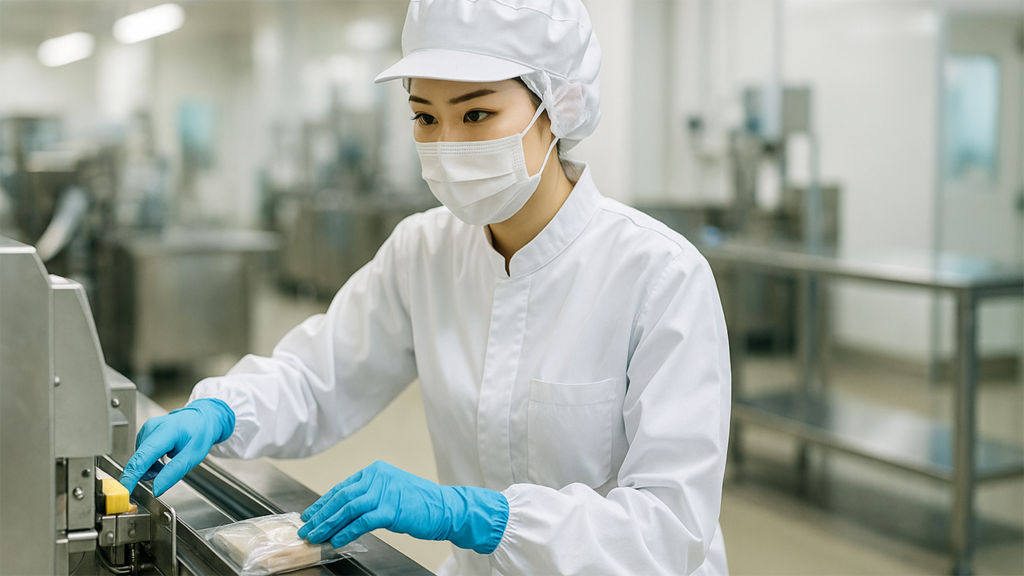 食品工場で働いている女性