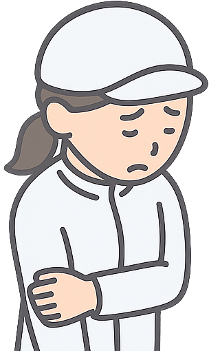 工場の外で悲しそうにしている食品工場の女性