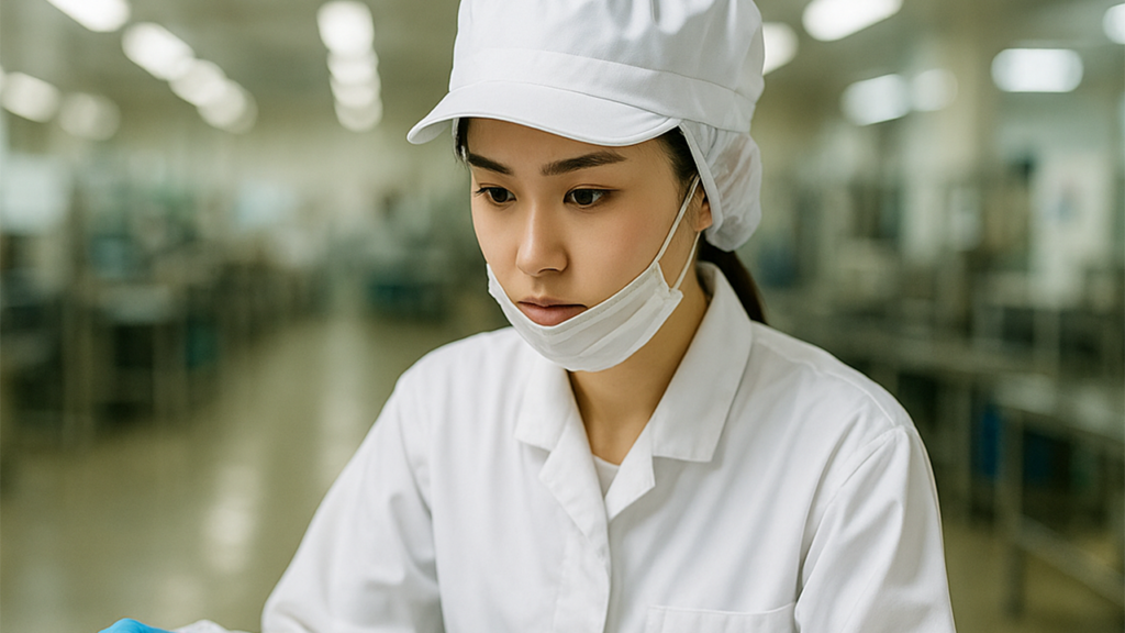 食品工場で働いている女性