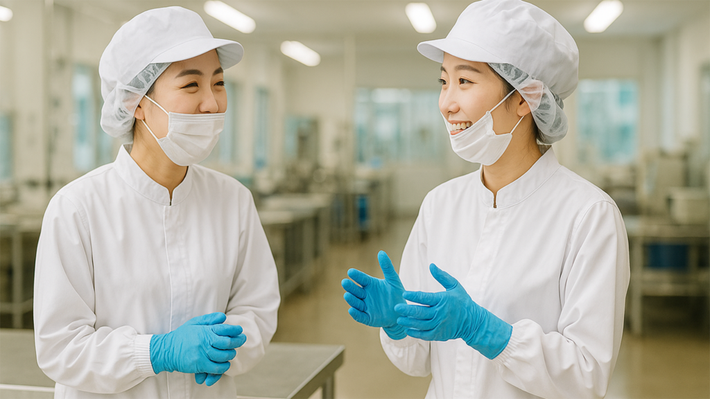 食品工場で働いている女性