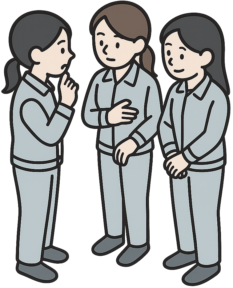 噂話をしている工場勤務の女性