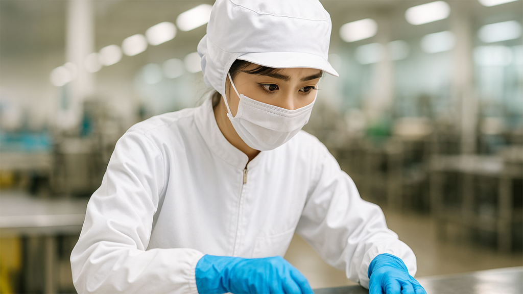 食品工場で働いている女性