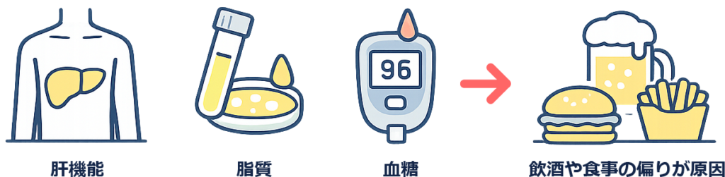 肝機能や脂質、血糖は飲酒や食事の偏りで動きやすい図解