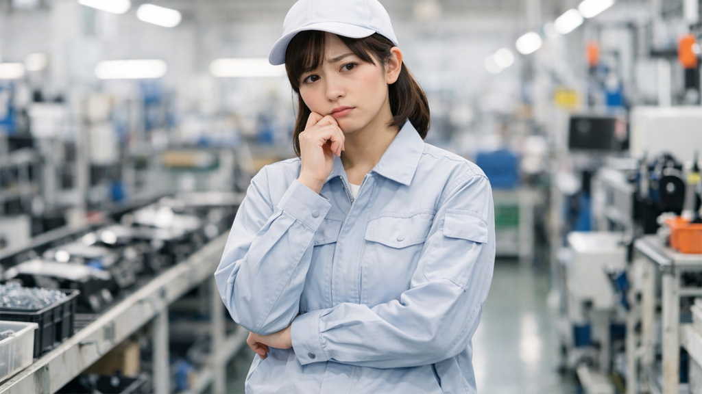 不安そうに考えごとをしているライン作業の期間工