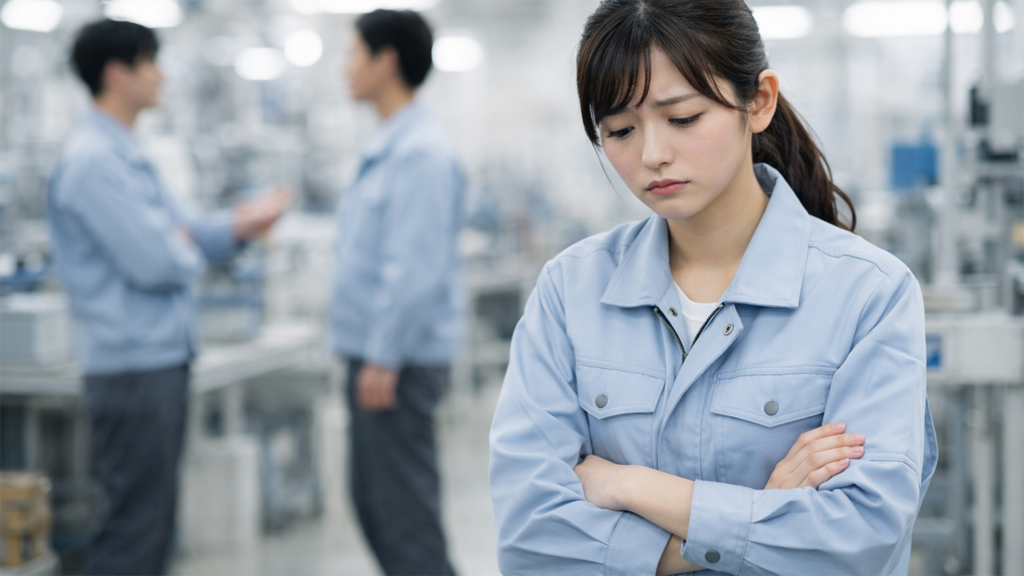 ライン作業で悩んでいる女性