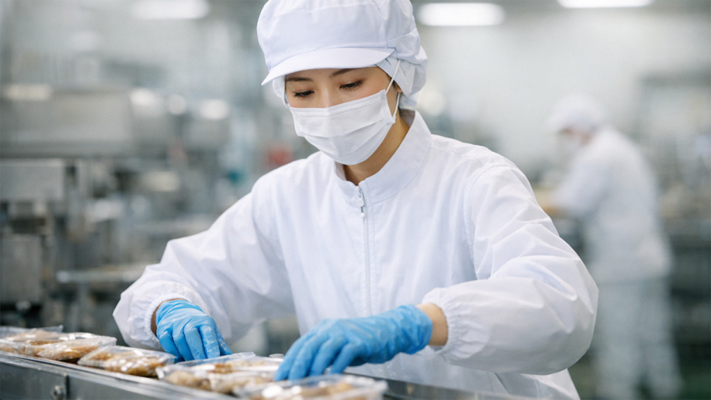 食品工場のライン作業で働いている女性