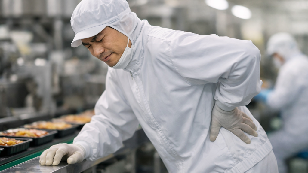 足腰の痛みに耐えている作業員