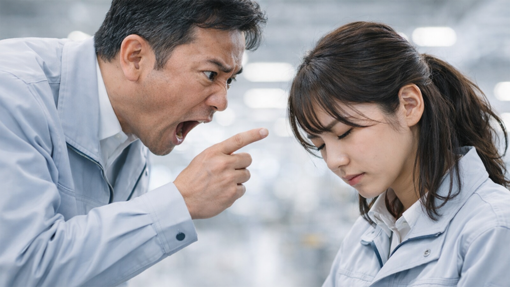 叱責されている工場勤務の女性