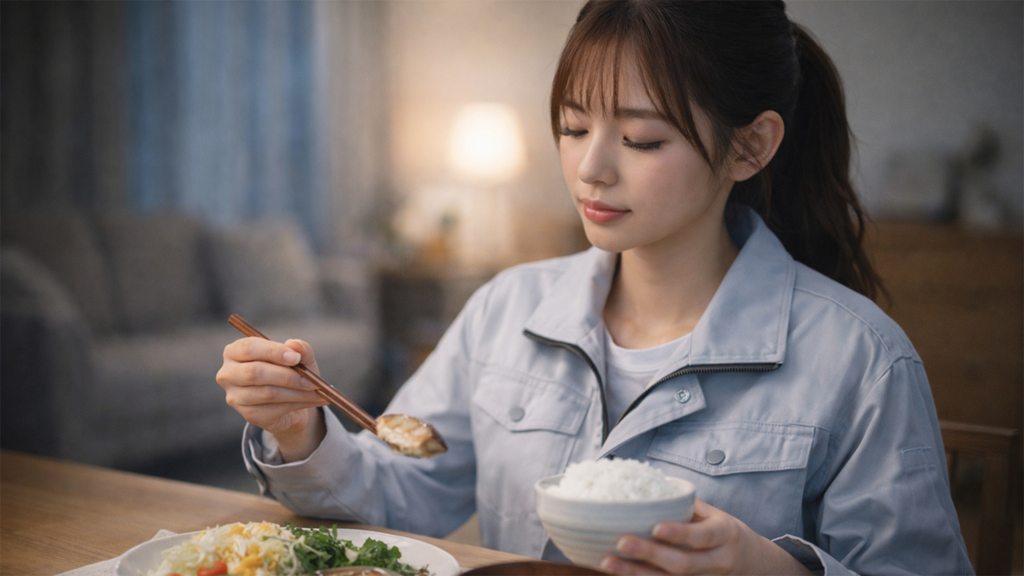 食事している工場期間工