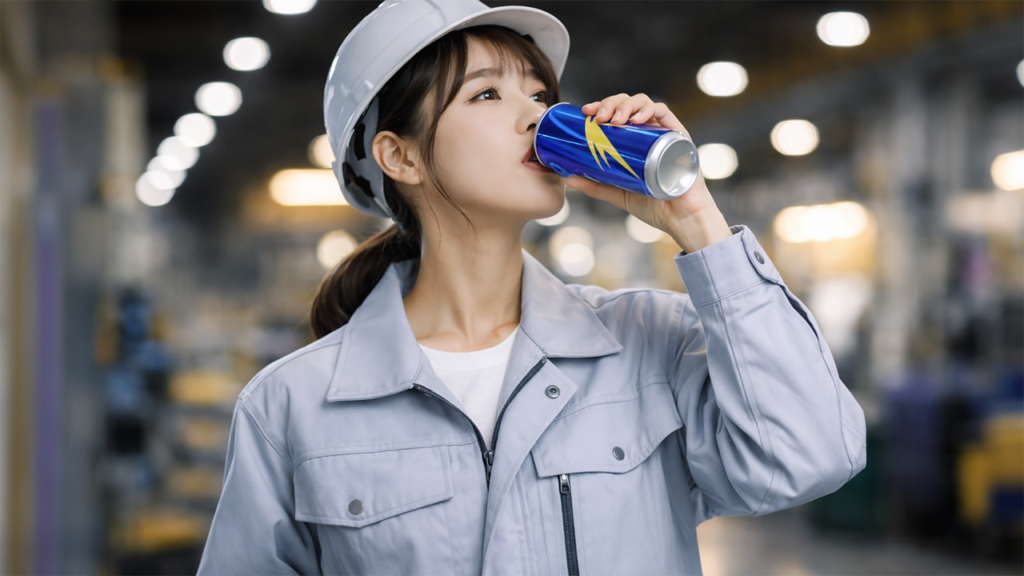 エナジードリンクを飲んでいる夜勤の工場作業員