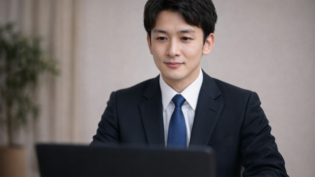 スーツでWeb面接を受けているひ人