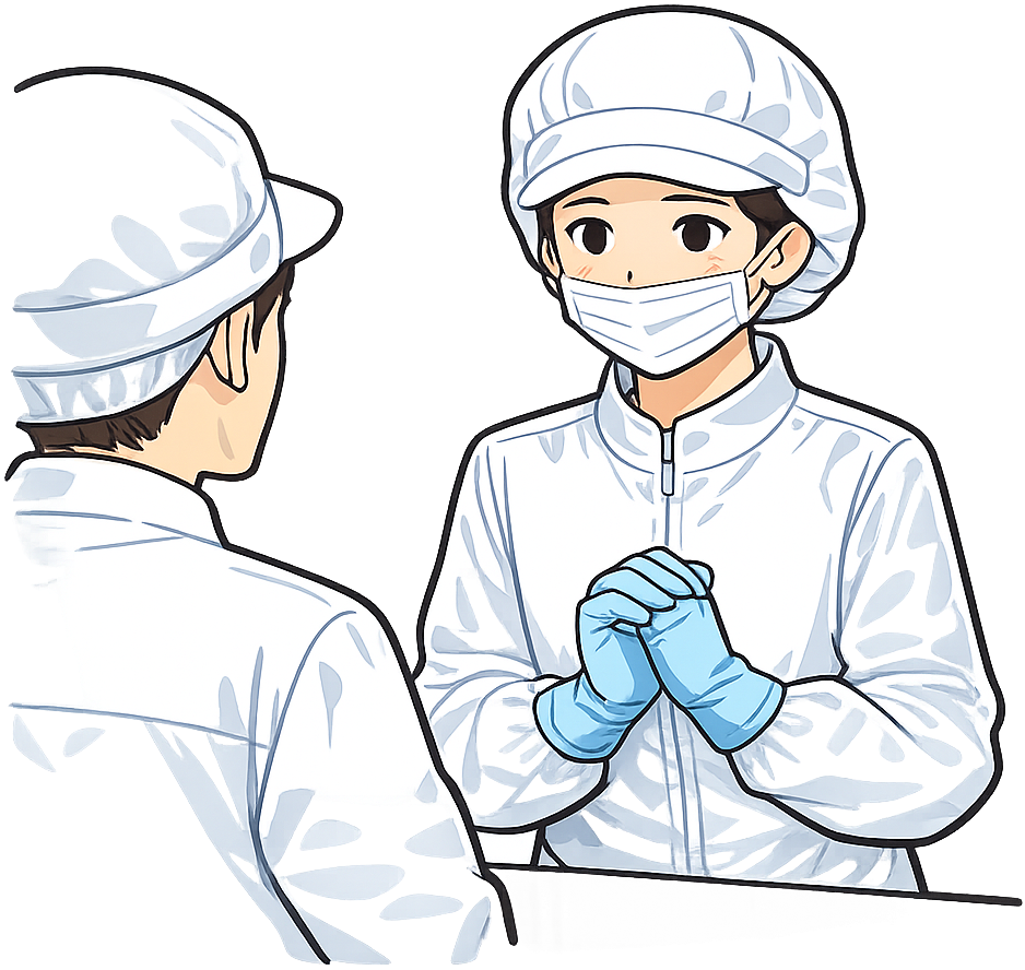 上司に報告している食品工場勤務の人