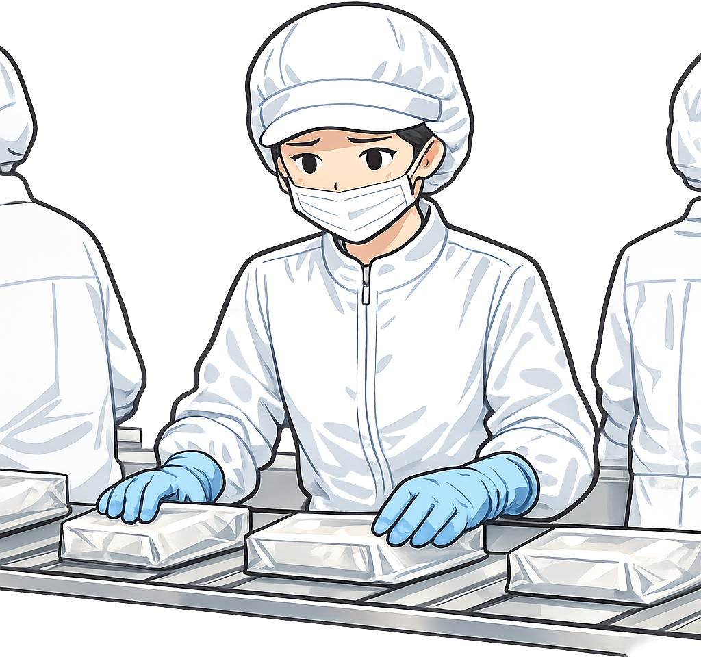 流れ作業を行っている食品工場勤務の人