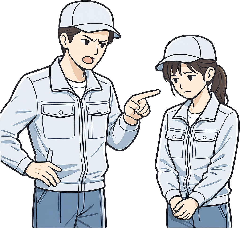 先輩に厳しく叱られている工場勤務の人